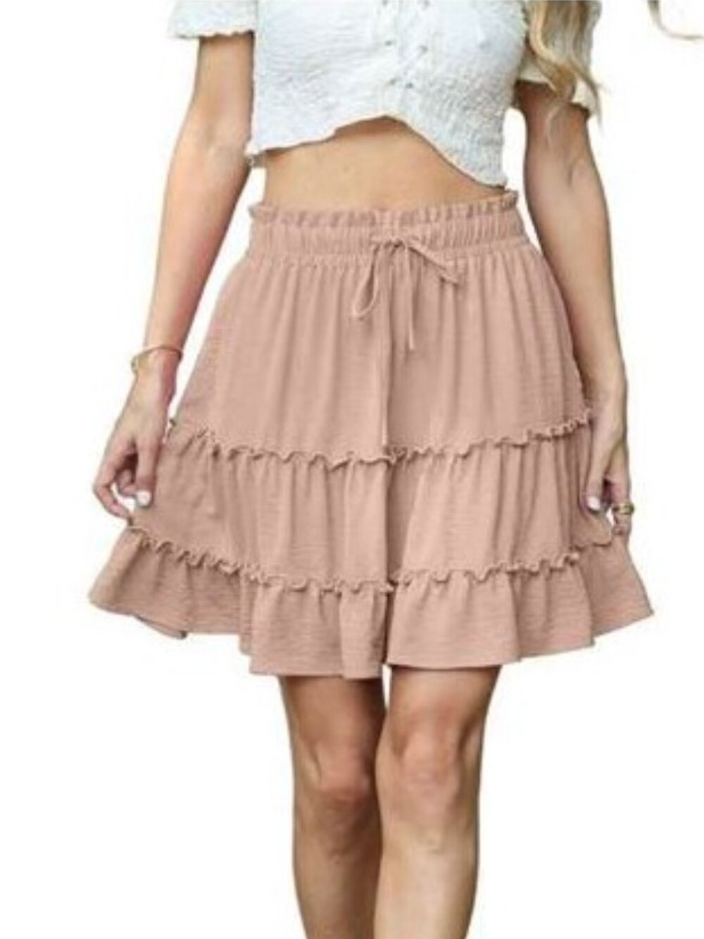 High-Waist Flowy Ruffle Mini Skirt Size L color Khaki